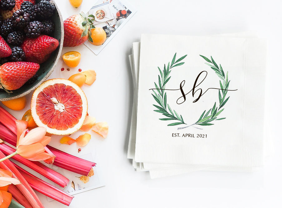 Custom Wreath Monogram Cocktail Napkins Personalized Paper Napkins