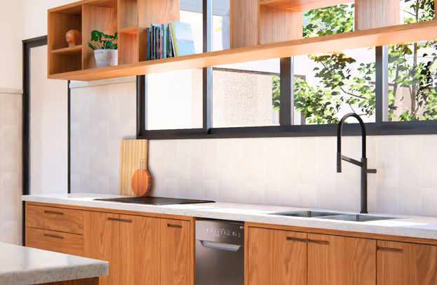 Cozinha com marcenaria em madeira natural, armários com canelado e iluminação geral embutida no forro. Um espaço funcional, elegante e atemporal para o dia a dia da família.