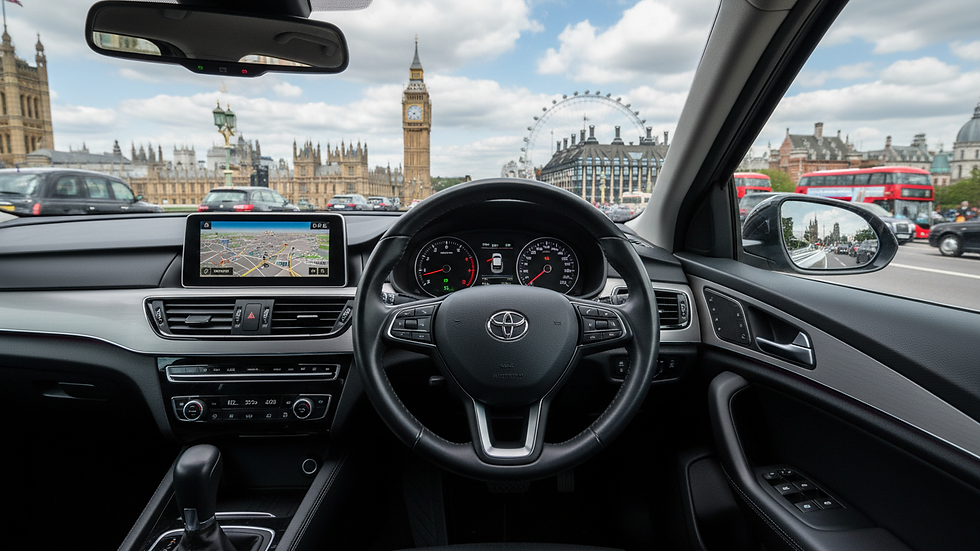 Wide angle view of an automatic car dashboard and steering wheel