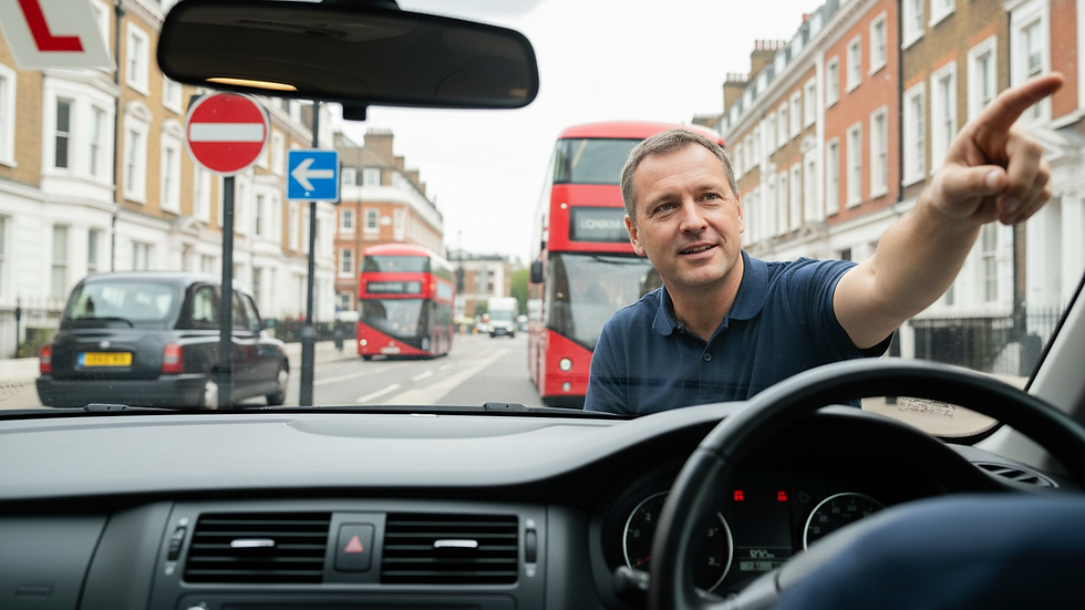 Close-up view of a driving instructor pointing at a road sign