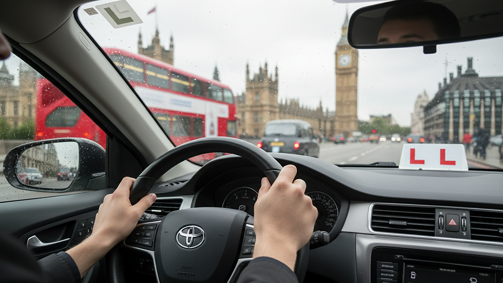 Close-up view of a learner driver holding a steering wheel during a driving lesson