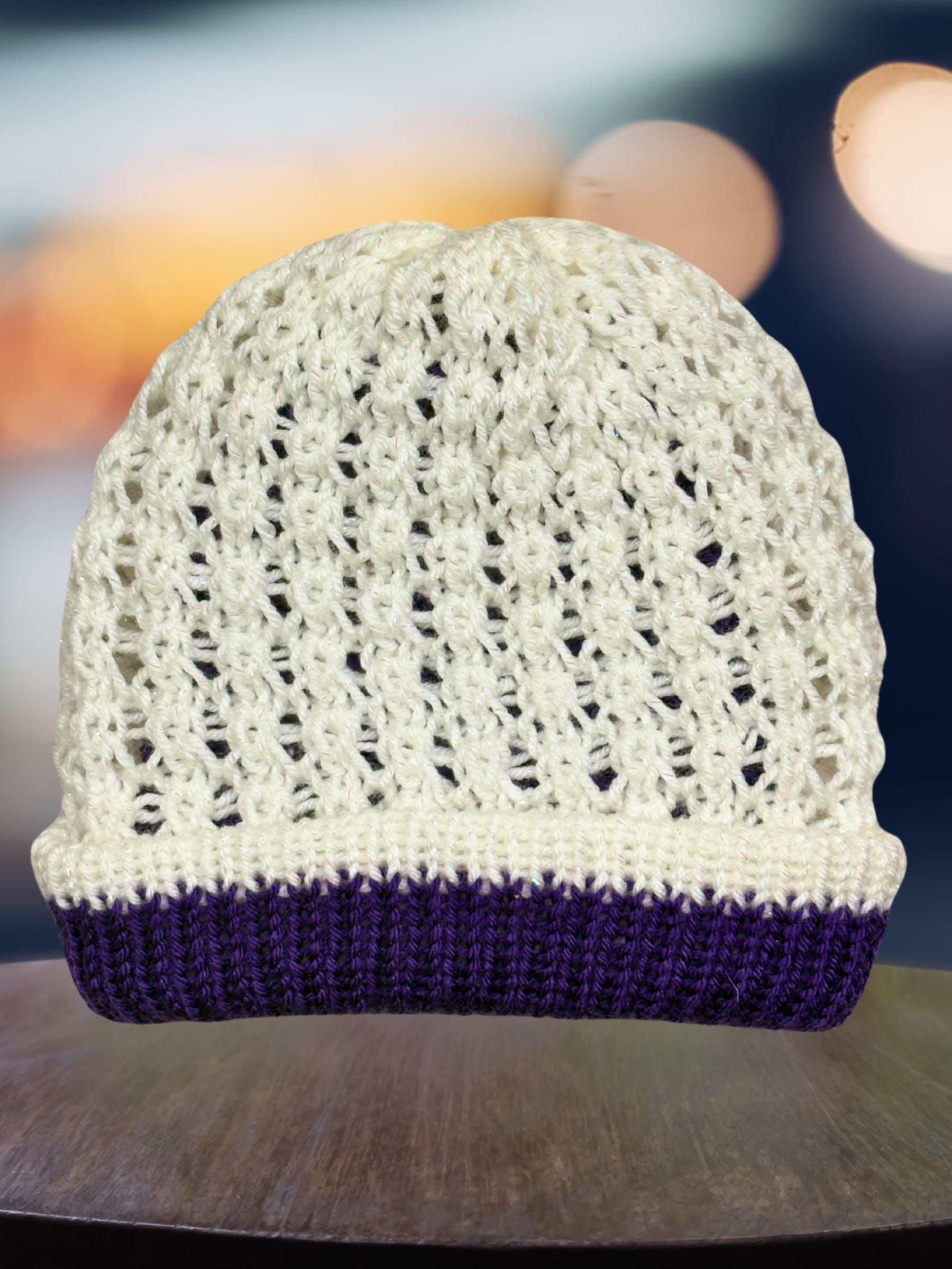 Sparkle White & Purple Reversible Knit Beanie with Starburst Design
