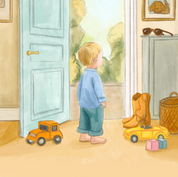 Watercolor illustration of a young blonde toddler standing in a doorway looking into a bedroom filled with toys