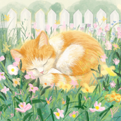 Cozy children's book illustration of a fluffy orange cat sleeping peacefully near a white picket fence in a garden