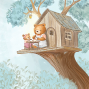 Mother and Baby Bear Having Tea in a Treehouse | Cozy Fairy Tale Art