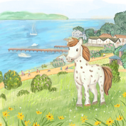 Whimsical illustration of a spotted horse standing in a grassy field with a coastal seaside village in the background.