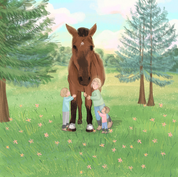 Three Children Hugging a Big Brown Horse | Whimsical Meadow Illustration
