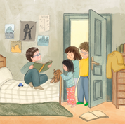 Children's book illustration of two young boys playing with a toy airplane and blocks in a sunlit bedroom.
