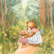Soft children's book illustration of a mother brown bear in a white apron holding hands with a small bear cub in a pink skirt on a dirt path in a sunny, flower-filled forest.