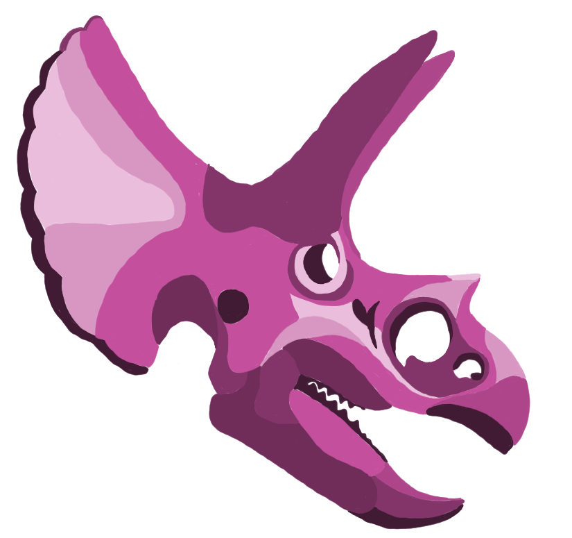 A mauve colorblock graphic of a triceratops dinosaur skull.