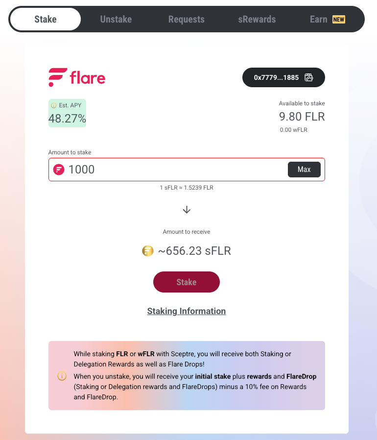 Where can you stake on Sceptre for Flare? - staking on Sceptre app