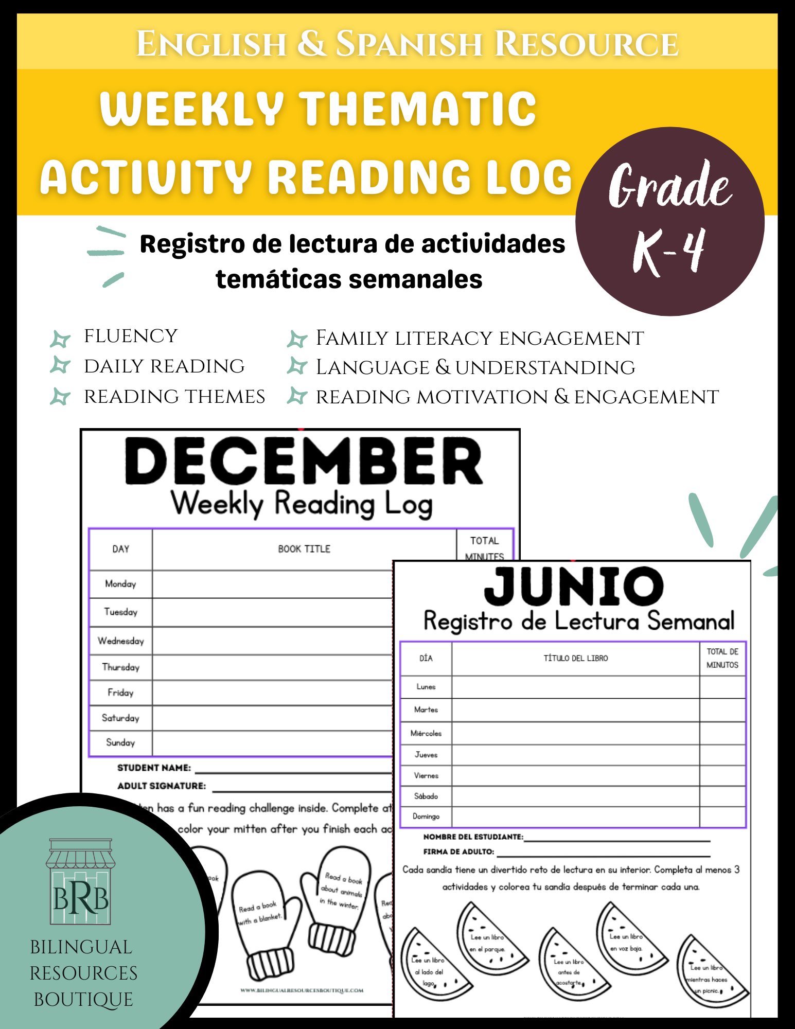 English & Spanish Yearlong Weekly Thematic Activity Reading Log