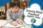 A graphic promoting Growing Minds Preschool Registration featuring a girl coloring with floral graphics