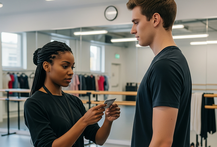 A woman shows a card to a man in a dance studio with mirrors and ballet barres.