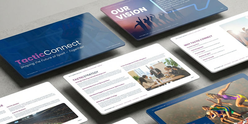 Pages of the new brochure presented as individual slides laid out at a 45 degree angle.