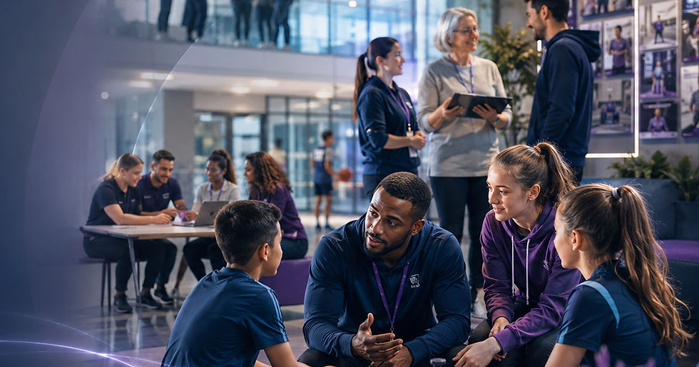People in sports attire engage in group discussion indoors. A mix of adults and kids converse, with one holding a tablet. Airy, modern setting.
