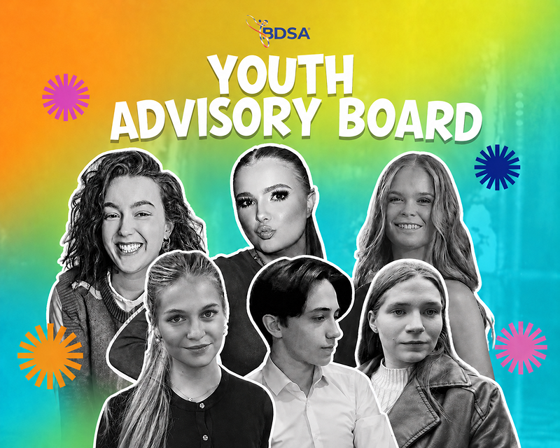 Collage poster of six smiling teens on a rainbow gradient background with BDSA Youth Advisory Board text.