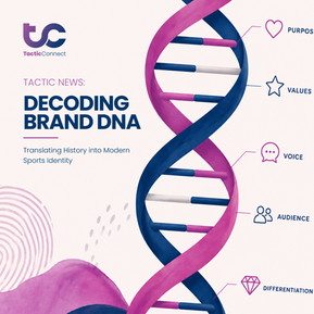 DNA helix with labels: Purpose, Values, Voice, Audience, Differentiation. Text: "Decoding Brand DNA: Translating History into Modern Sports Identity." TacticConnect logo.