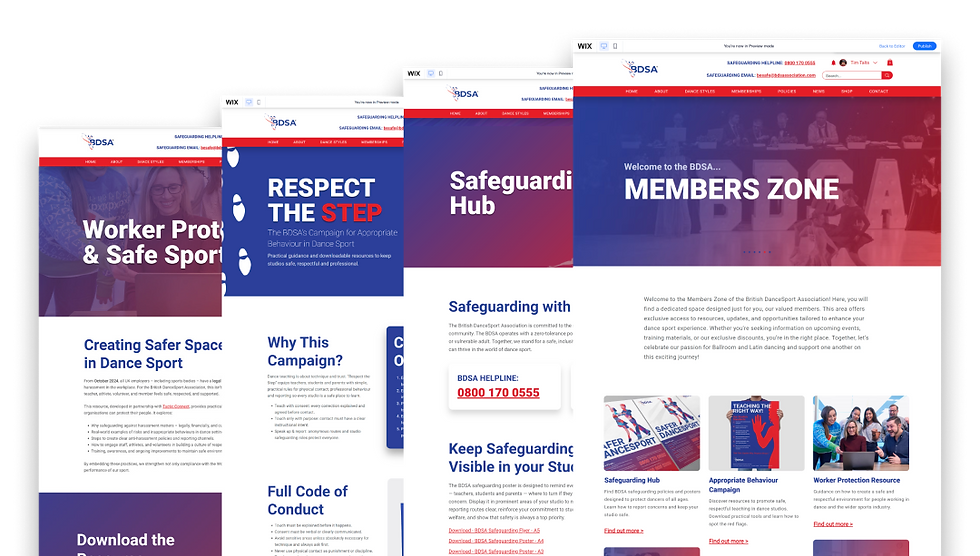 Overlapping BDSA website pages about safeguarding in dance sport, with bold blue-red banners reading Members Zone, Safeguarding Hub and Respect the Step