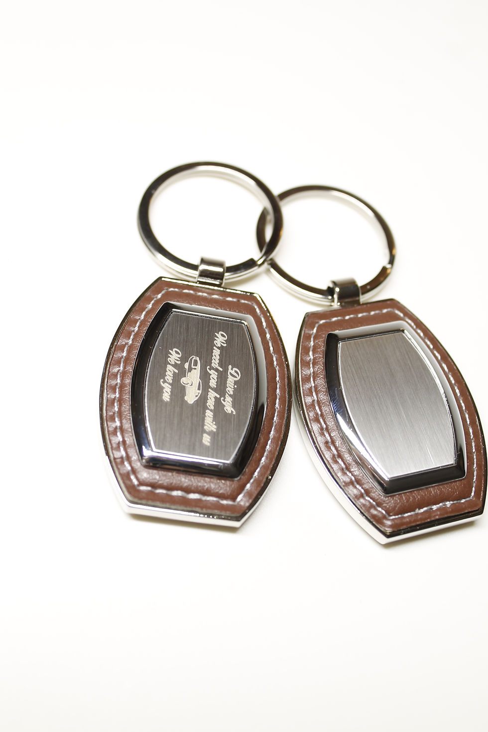 Thumbnail: Personalised metal keyring with faux brown leather back