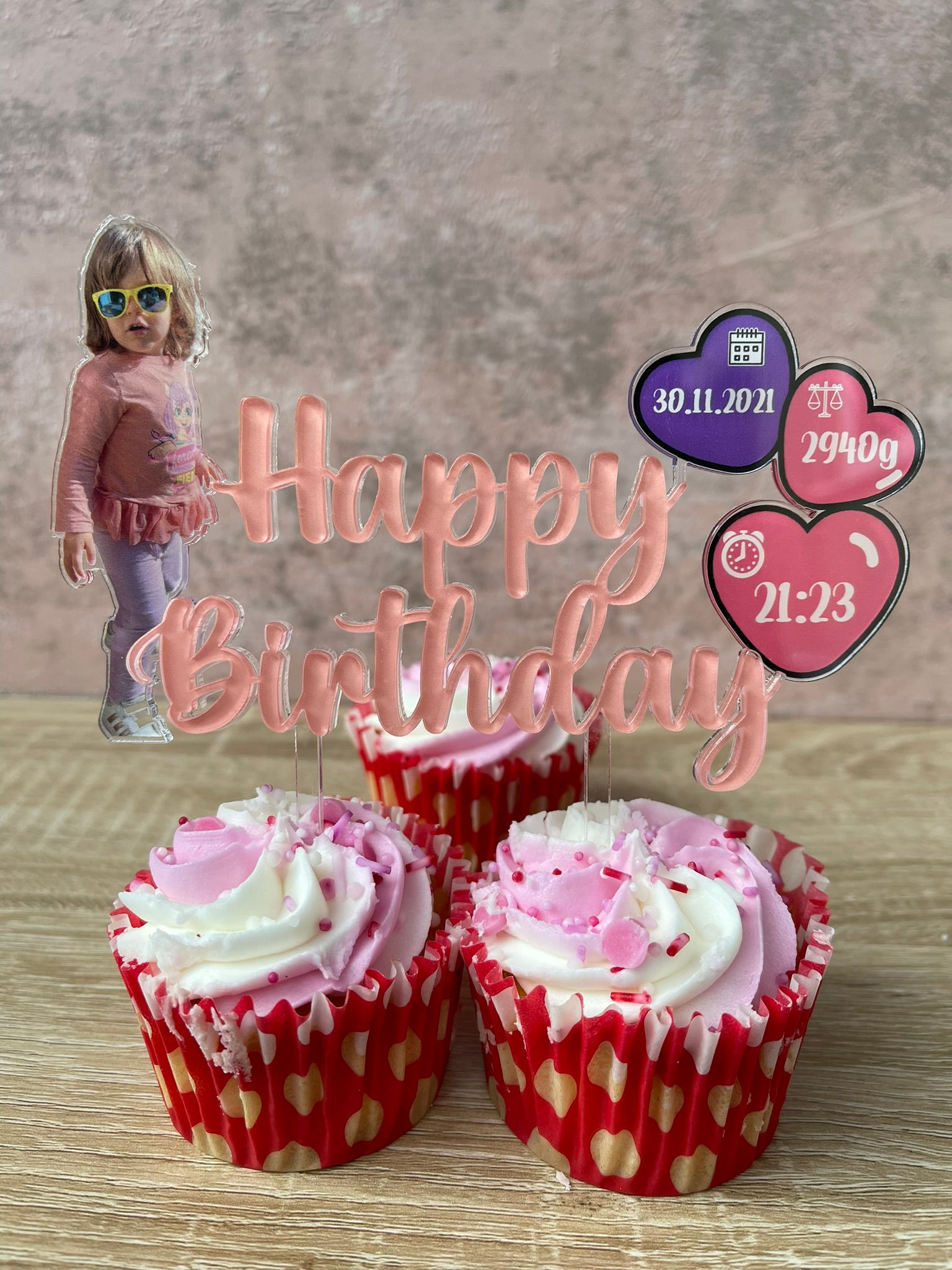Personalised Cake Topper with Photo, Custom "Happy Birthday" Text