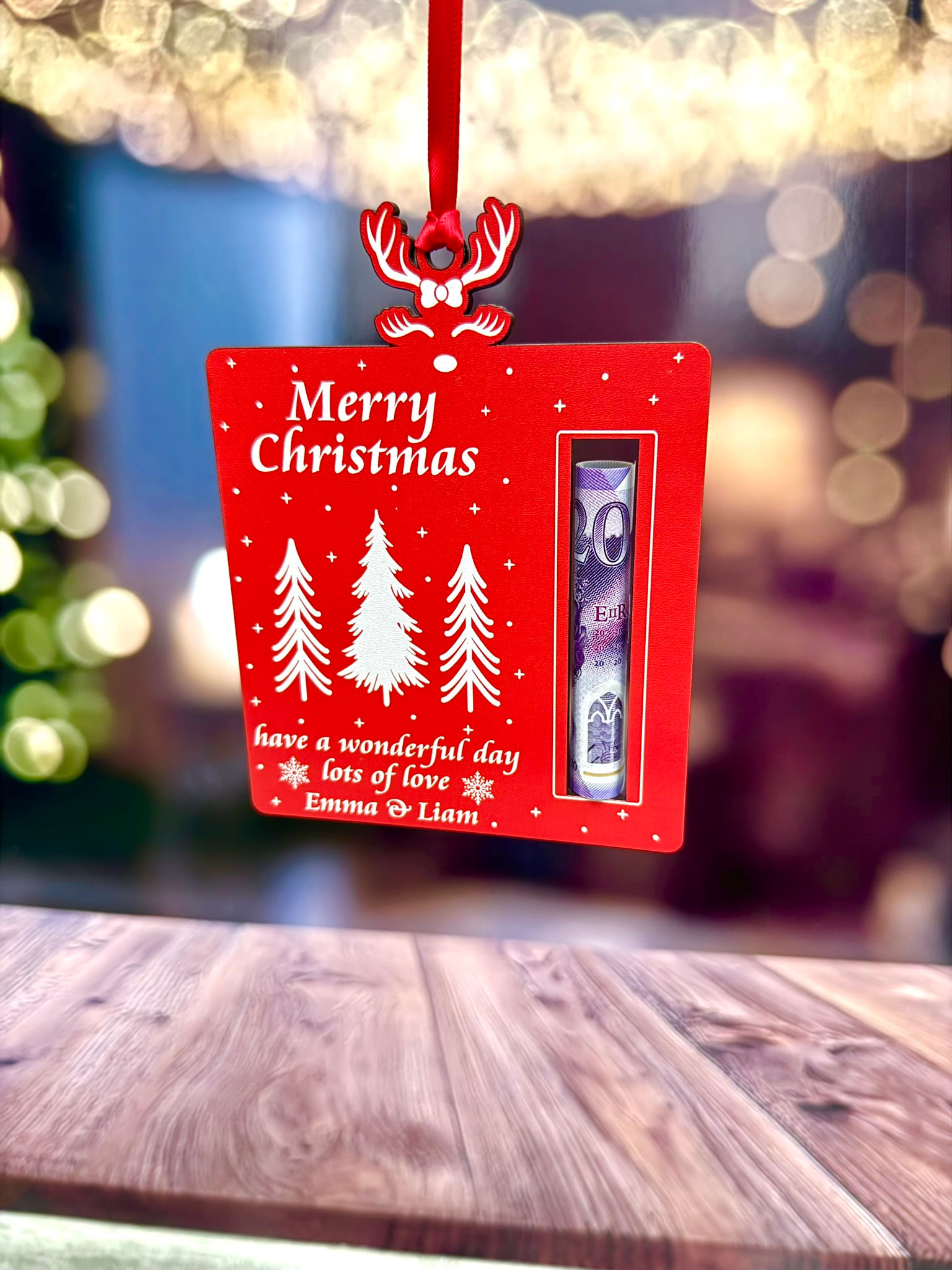 Personalised Red Christmas Tree Money Holder Ornament | Christmas Money Holder