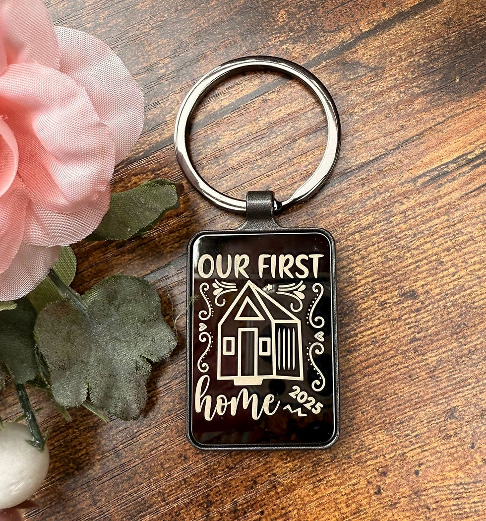 Our First Home Engraved Black Metal Stylish Keyring, Anniversary Gift Keyring