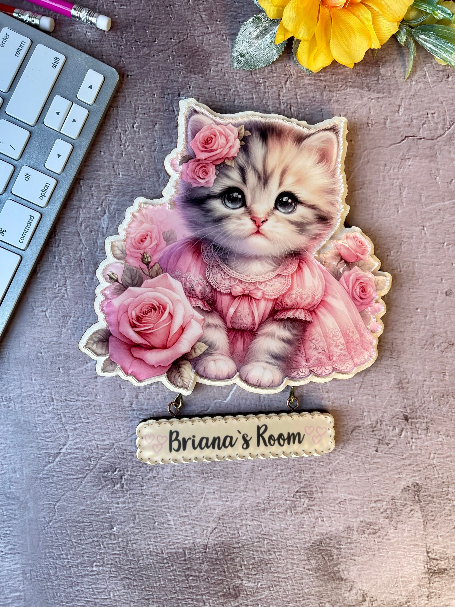 Cute Vintage Dressed Kitten and name wall plaque | Adorable Room Sign |Xmas gift