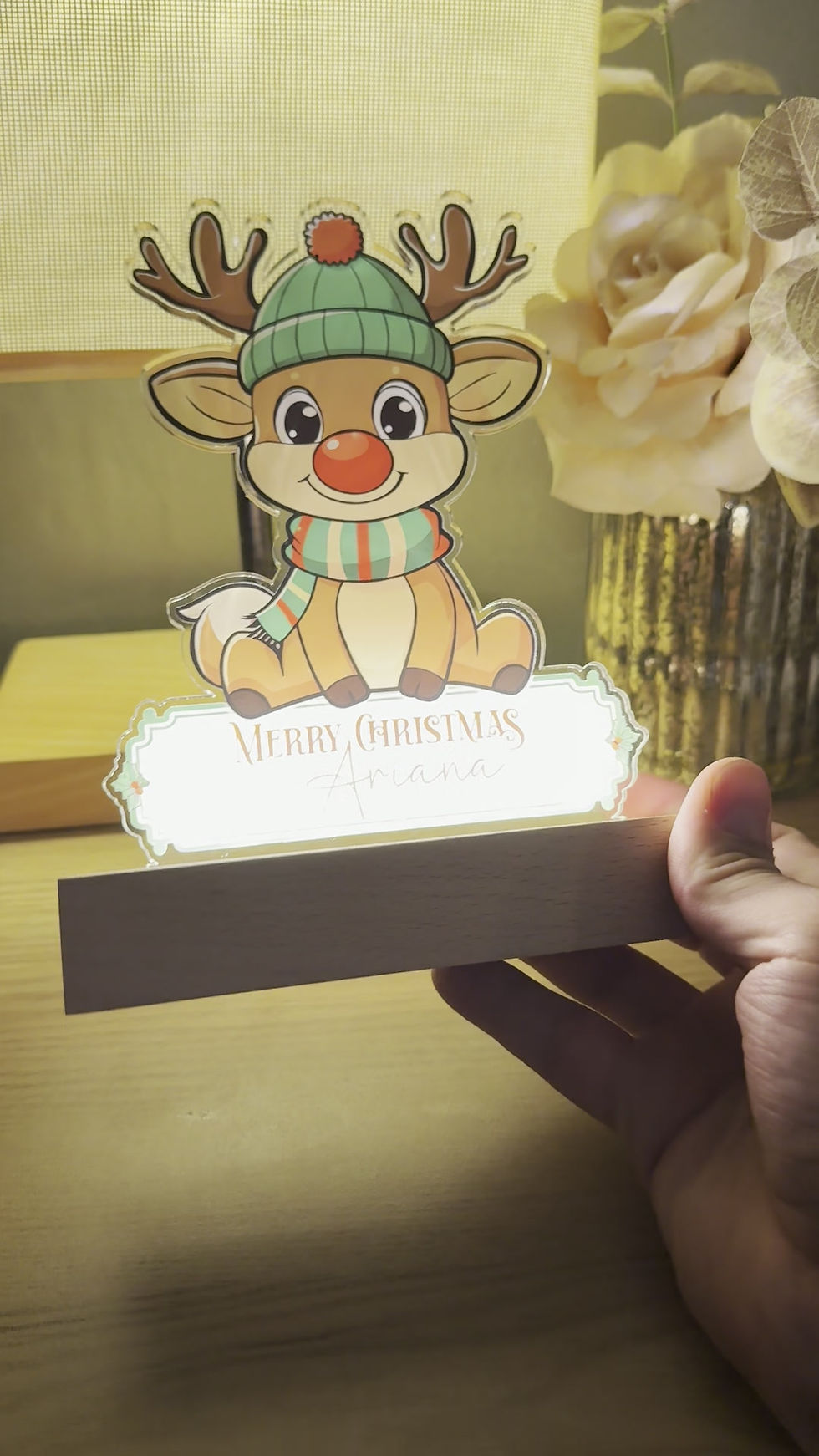 Thumbnail: Personalised Night Light, Led Lamp Battery operated with Reindeer and Name