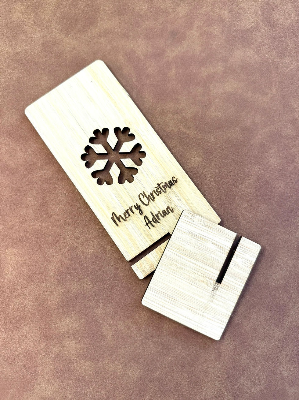 Thumbnail: Personalised Wooden Phone Holder with Christmas Snowflake Cut-Out