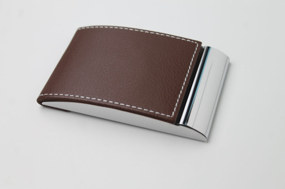 Elegant business card holder with metal frame brown PU leather cover engraved