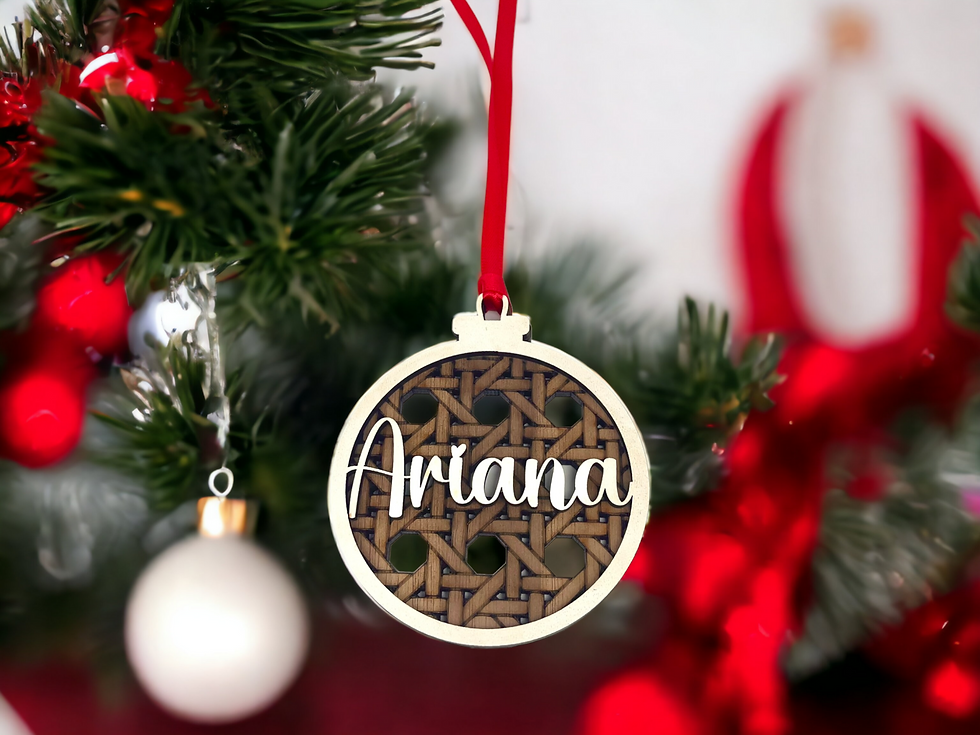 Thumbnail: Personalised name round christmas tree ornament with name,rattan pattern