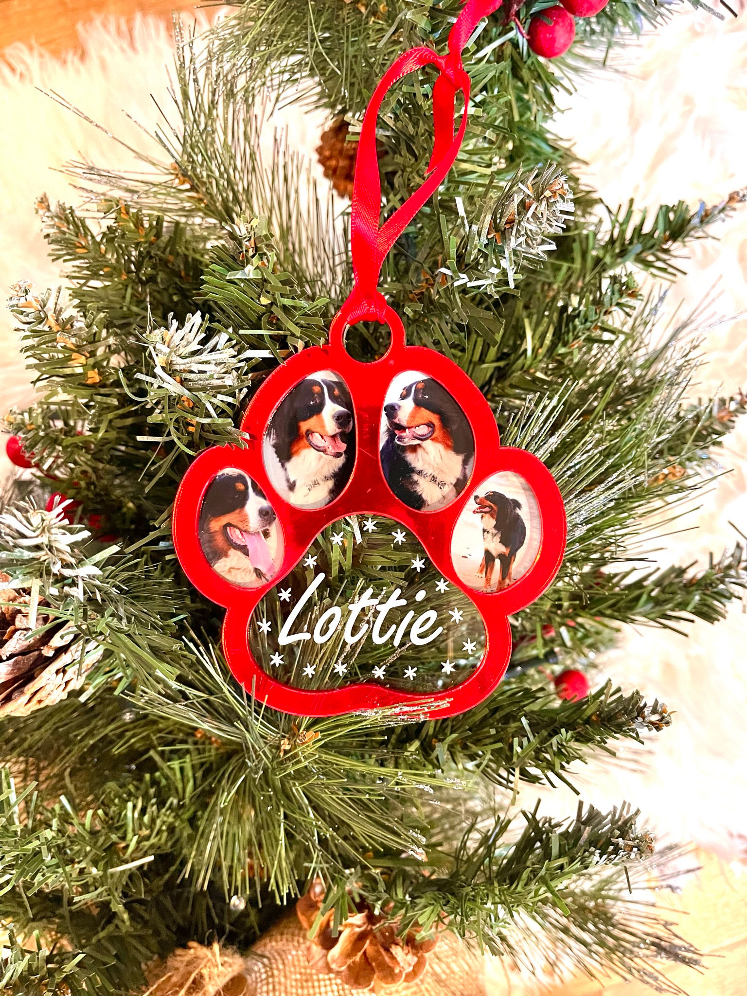 Paw shape christmas tree ornament with photos and best friend name and text