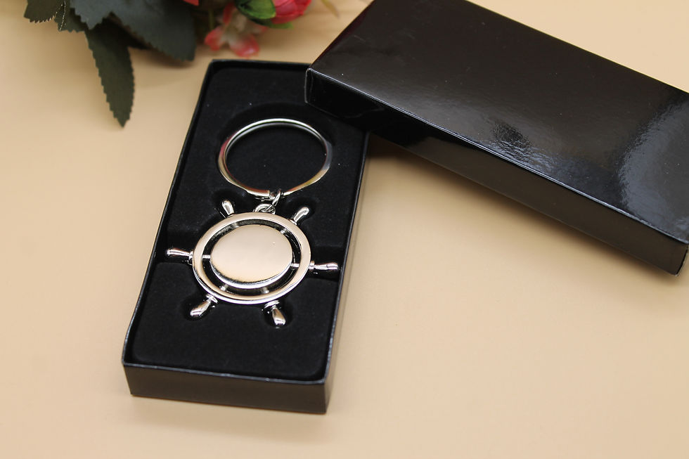 Personalised boat wheel shaped metal keyring in gift box Christmas