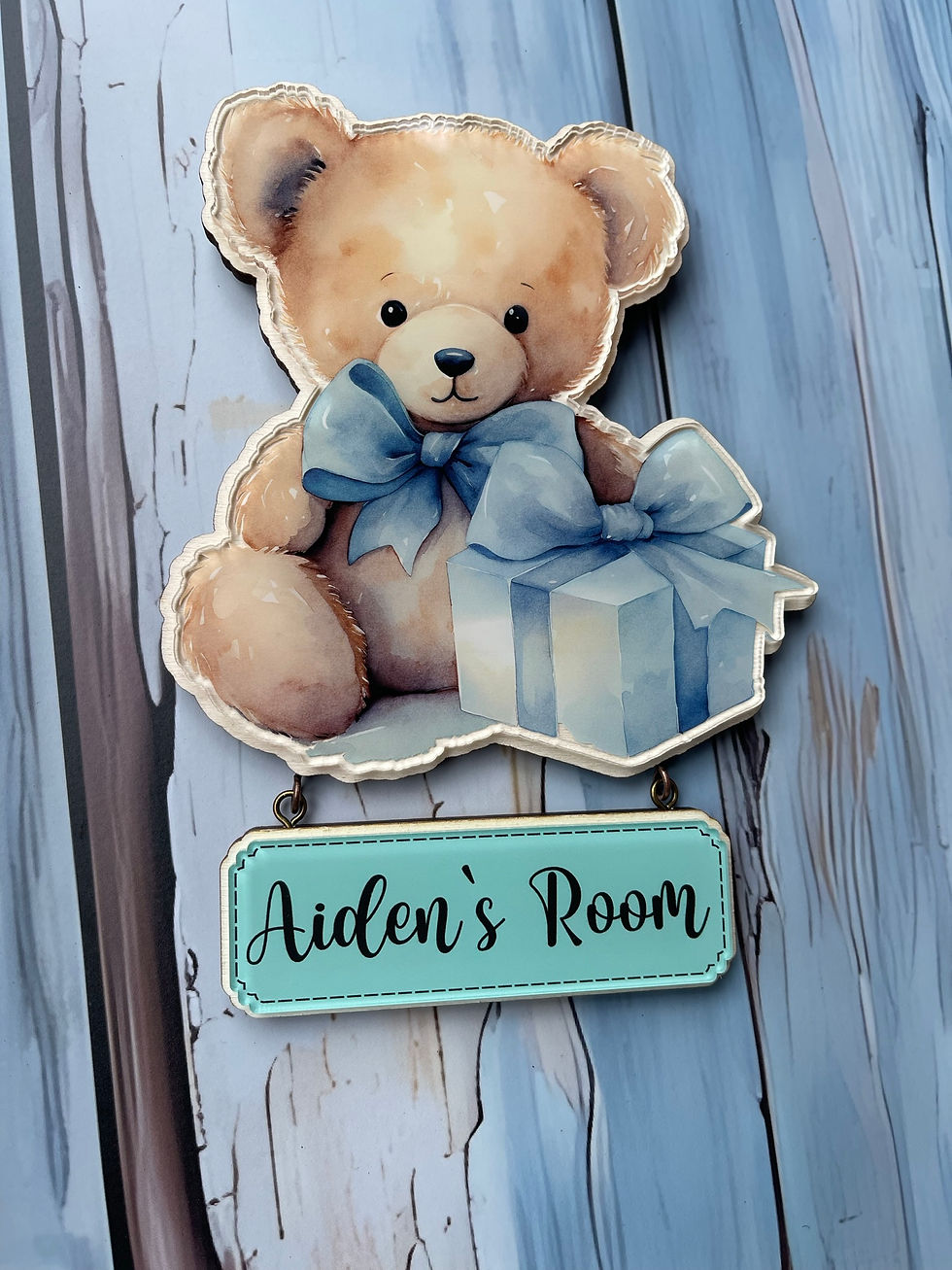 Thumbnail: Teddy bear with gift box name wall plaque | Adorable Room Sign |  Xmas