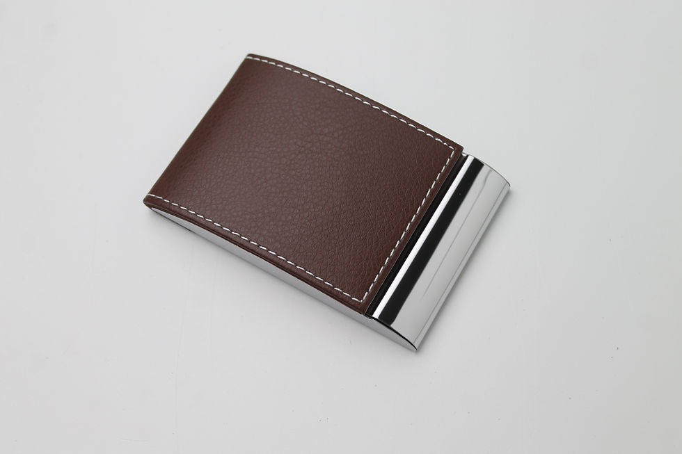 Thumbnail: Elegant business card holder with metal frame brown PU leather cover engraved