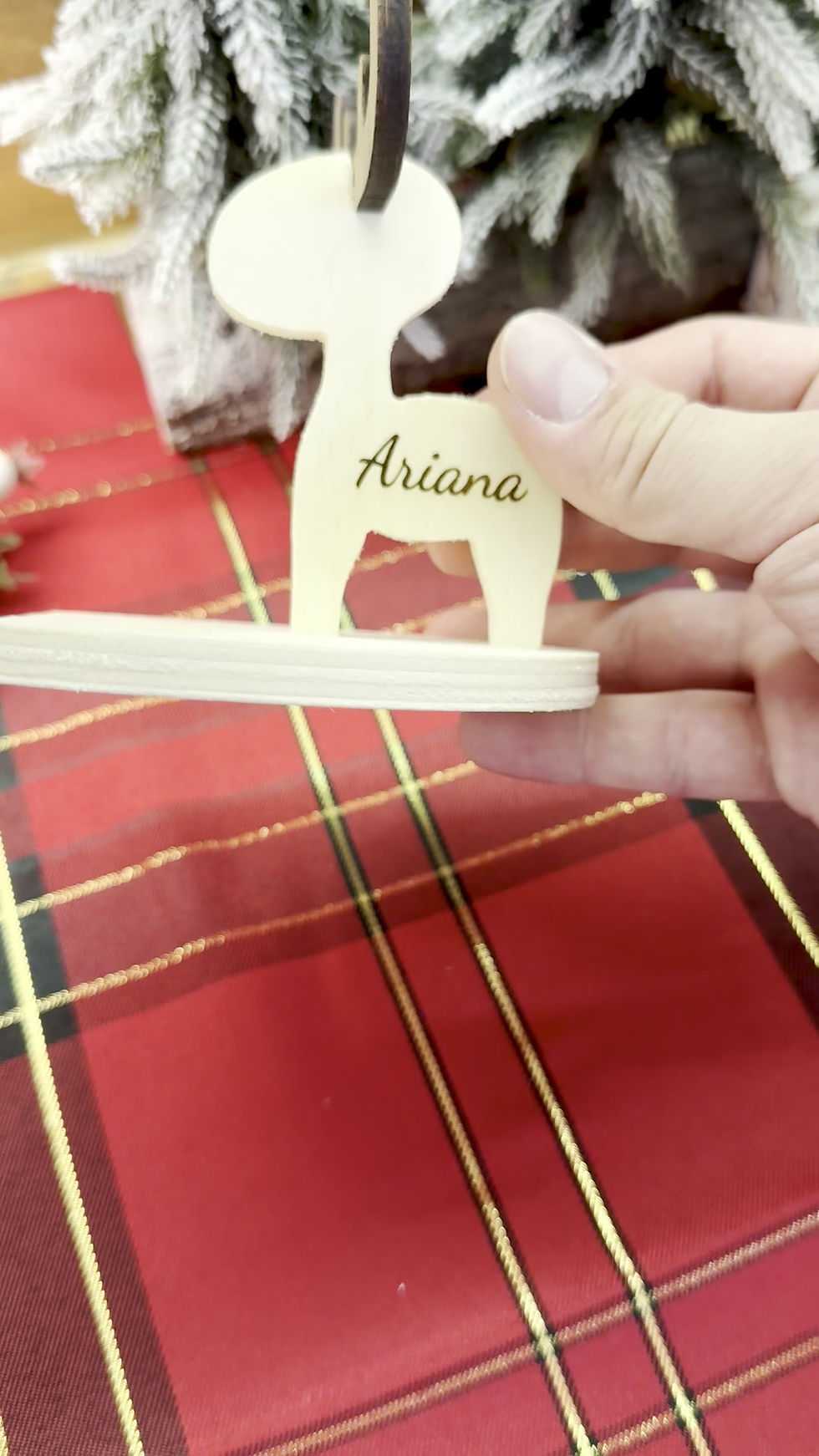 Thumbnail: Personalised Wooden Phone Holder with Reindeer, Custom Name Gift
