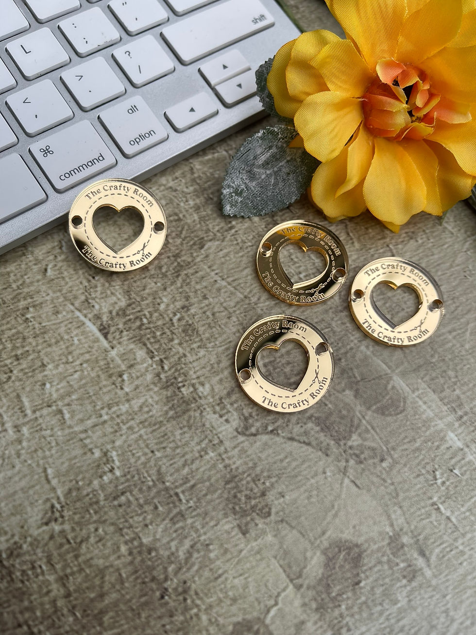 Thumbnail: Personalised Acrylic Round Sewing Tag Button Shape with Heart Engraved