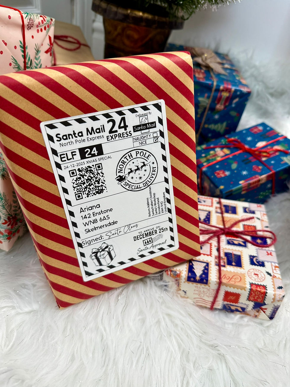Thumbnail: Pack of 10, Personalised Postage Label Sticker, Name Santa Labels, North Pole