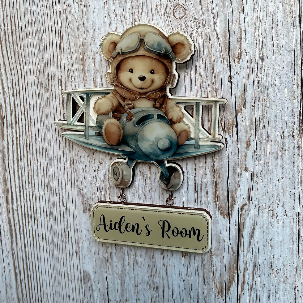 Thumbnail: Teddy Bear on a Plane Wall Hanging Ornament with Name | Adorable Sign | Wall