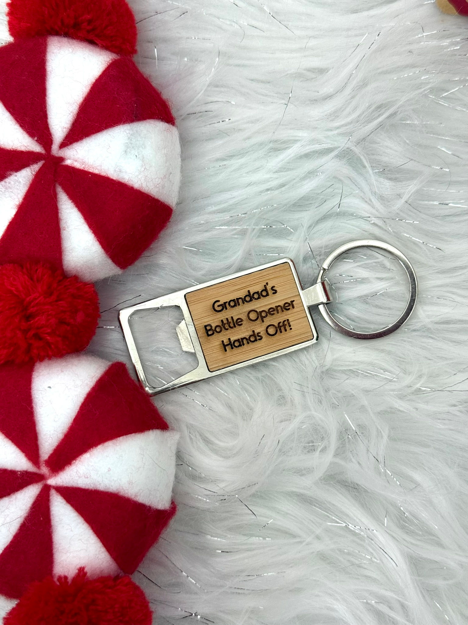 Personalised engraved keyring with bottle opener made from wood and metal