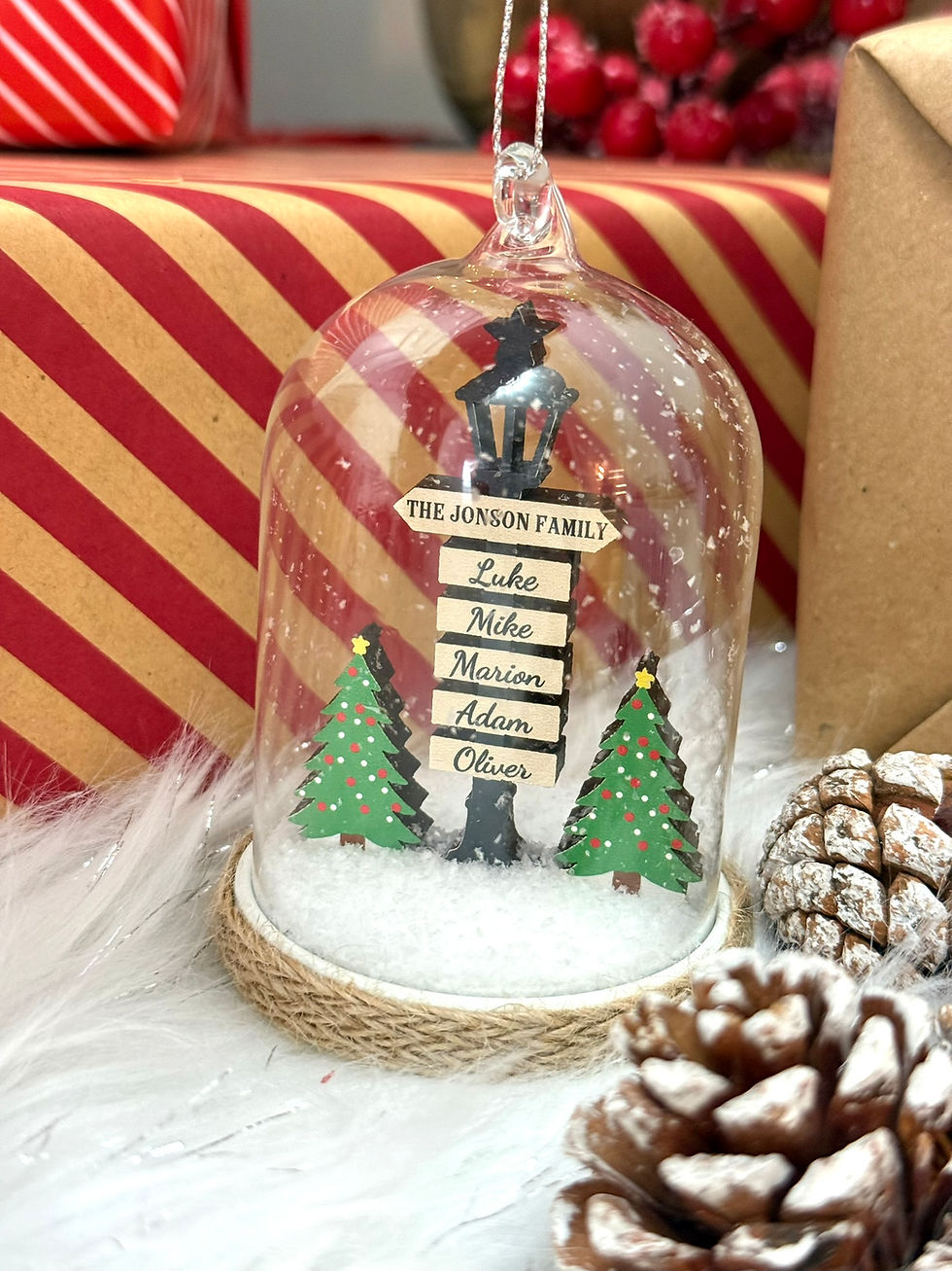 Thumbnail: Personalised Family Pole with Trees Glass Dome Bauble, Custom Hanging Christmas