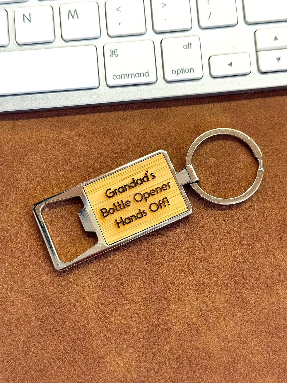 Thumbnail: Personalised engraved keyring with bottle opener made from wood and metal