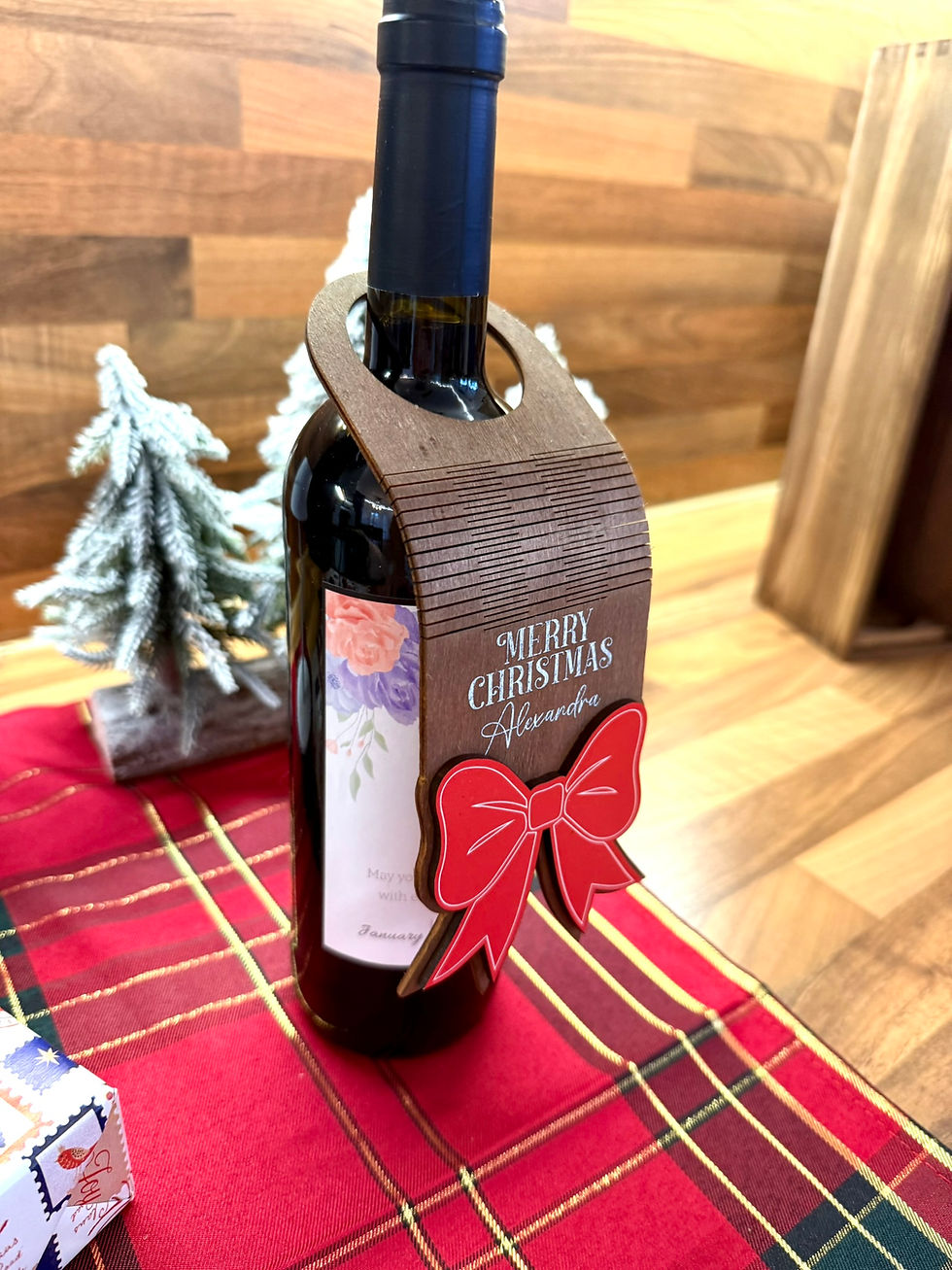 Thumbnail: Personalised Wooden Christmas Bottle Neck Tags with Bow, Custom Text Gift Tags