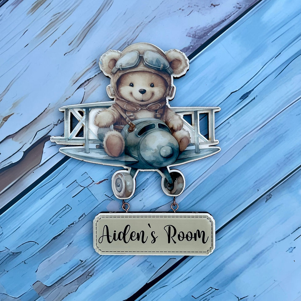 Thumbnail: Teddy Bear on a Plane Wall Hanging Ornament with Name | Adorable Sign | Wall