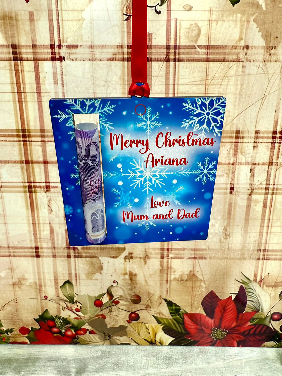 Thumbnail: Personalised Blue Square Money Holder Christmas Ornament | Money Holder Keepsake