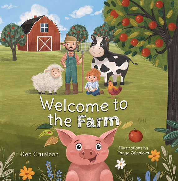 farm scene with barn, farmer, animals