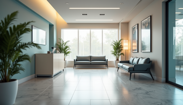 Eye-level view of a modern physician office reception area with comfortable seating and natural light