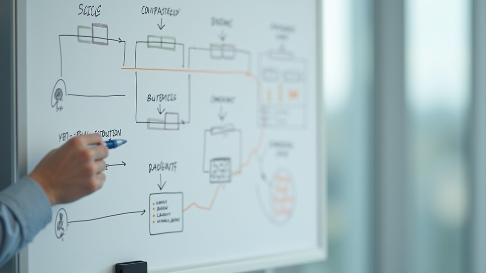 Close-up view of a whiteboard with business process flowcharts