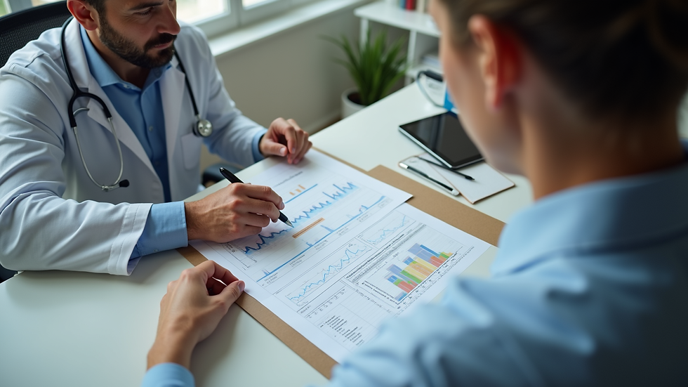 High angle view of a physician reviewing a business plan with a consultant